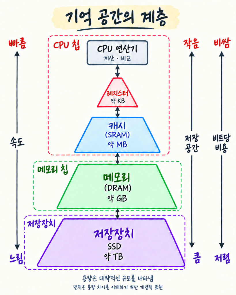 Pyramid of the memory hierarchy: registers, cache, memory, and storage