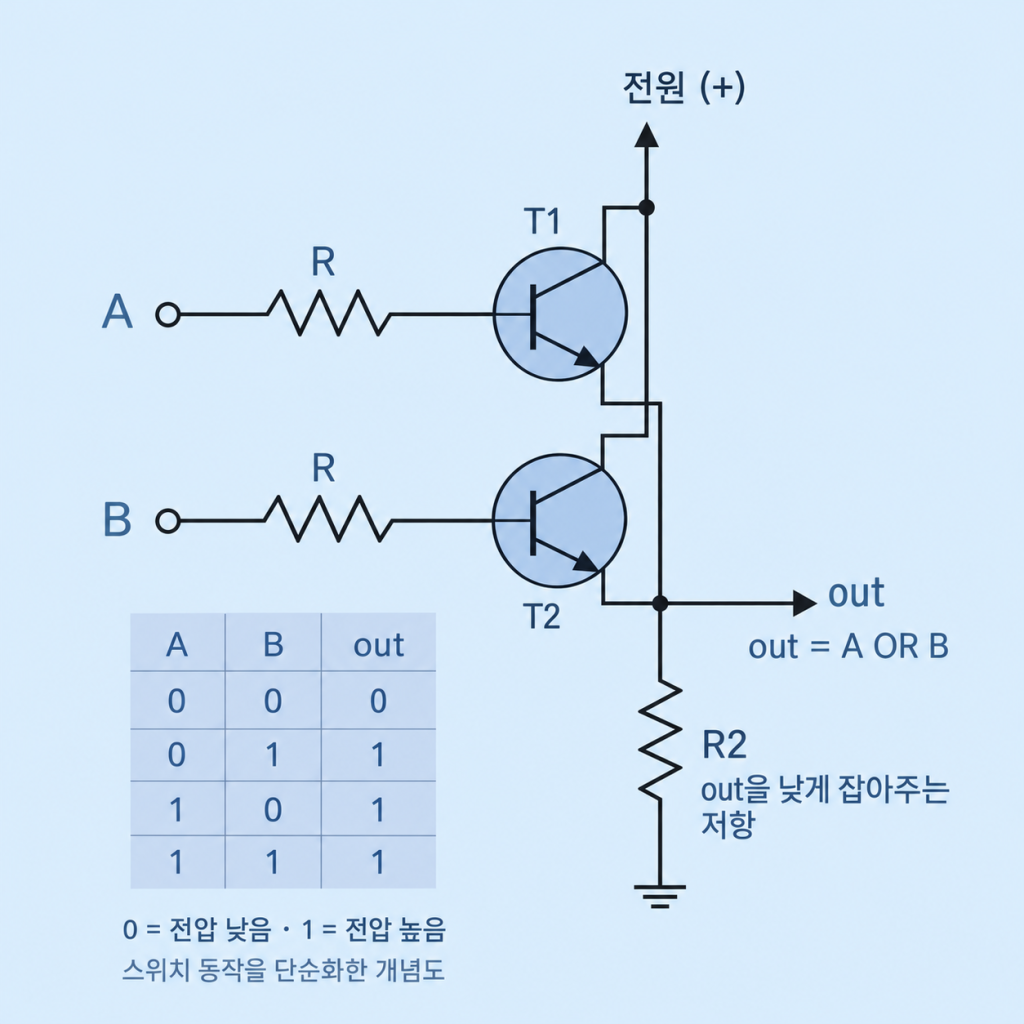 An OR circuit made of transistors T1 and T2 connected side by side, with its truth table